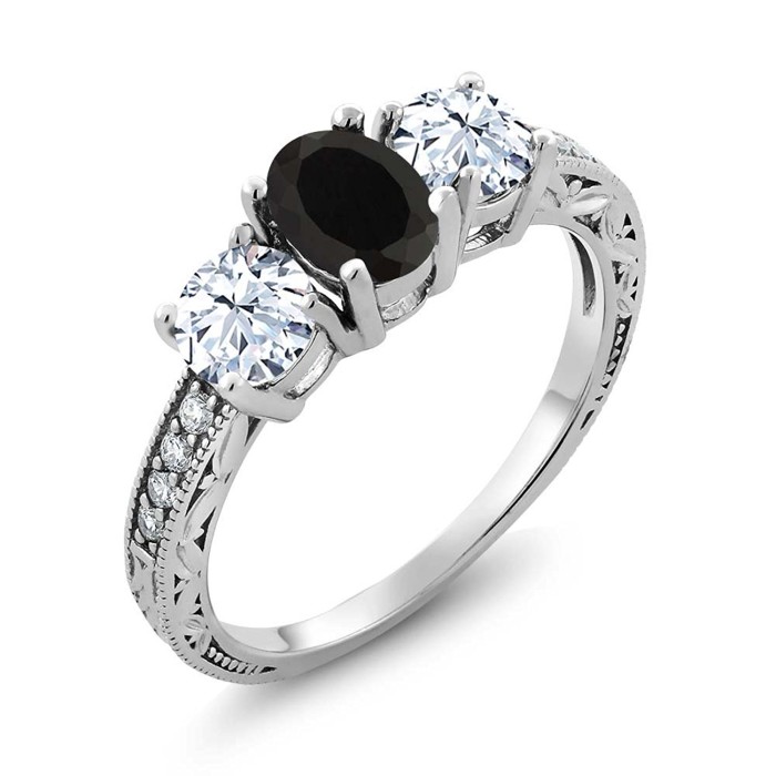 Black  Sapphire & White Sapphire Gemstone 925 Sterling Silver Women's Ring